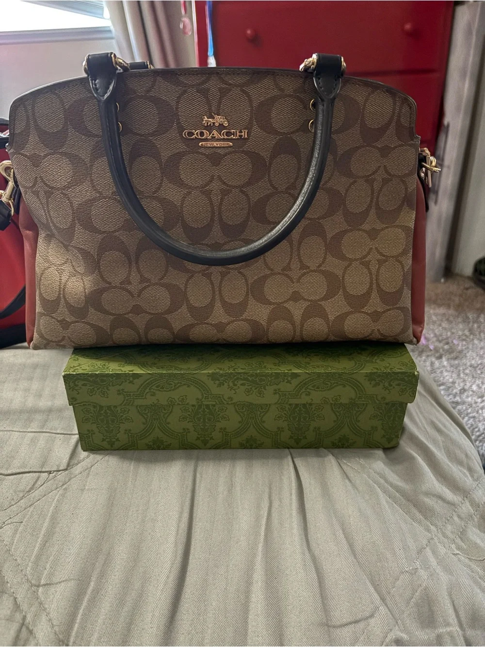 Coach Brown Signature Satchel with Red Side Panels and Black Handles